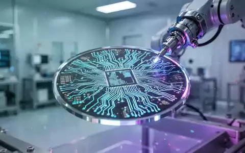 Nahaufnahme eines leuchtenden Siliziumwafers mit komplexen Schaltkreisen, gehalten von einem Roboterarm in einem sterilen Reinraum. - Foto: über boerse-global.de