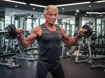 Ein älterer, muskulöser Mann, der mit Widerstandsbändern in einem modernen Fitnessstudio trainiert, im Stil von Sylvester Stallone. - Foto: über boerse-global.de