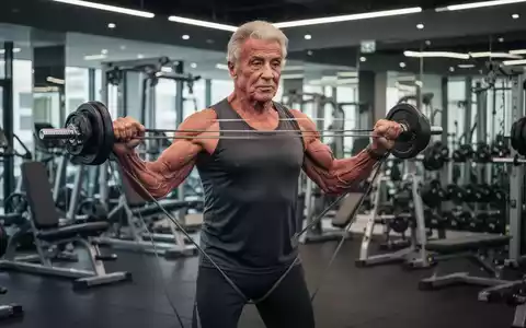 Ein älterer, muskulöser Mann, der mit Widerstandsbändern in einem modernen Fitnessstudio trainiert, im Stil von Sylvester Stallone. - Foto: über boerse-global.de