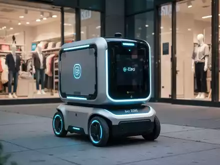 Autonomer Lieferroboter auf einem Bürgersteig, im Hintergrund Geschäfte unter filmischem Licht. - Foto: über boerse-global.de