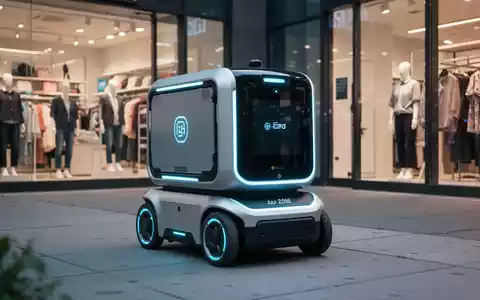 Autonomer Lieferroboter auf einem Bürgersteig, im Hintergrund Geschäfte unter filmischem Licht. - Foto: über boerse-global.de