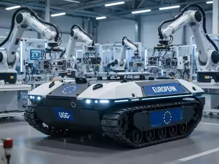 Modernes unbemanntes Bodenfahrzeug mit europäischen Verteidigungsmarkierungen in einer Hightech-Fertigungshalle, im Hintergrund Roboterarme. - Foto: über boerse-global.de