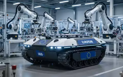 Modernes unbemanntes Bodenfahrzeug mit europäischen Verteidigungsmarkierungen in einer Hightech-Fertigungshalle, im Hintergrund Roboterarme. - Foto: über boerse-global.de
