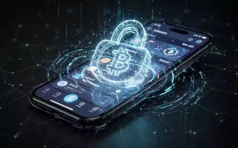 Ein Smartphone zeigt eine Krypto-App mit einer digitalen Überlagerung, die KI und Datenmanipulation symbolisiert, vor einem dunklen Hintergrund. - Foto: über boerse-global.de
