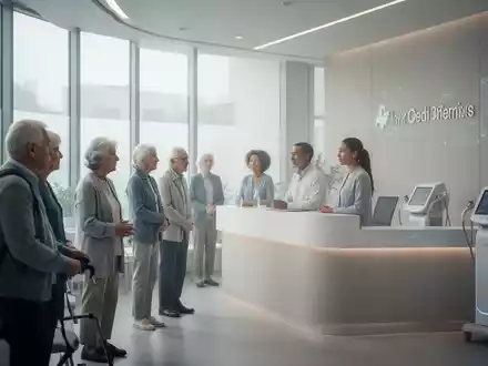 Eine moderne, helle Klinikrezeption mit Patienten unterschiedlichen Alters und dezenten Hinweisen auf medizinische Technologie. - Foto: über boerse-global.de