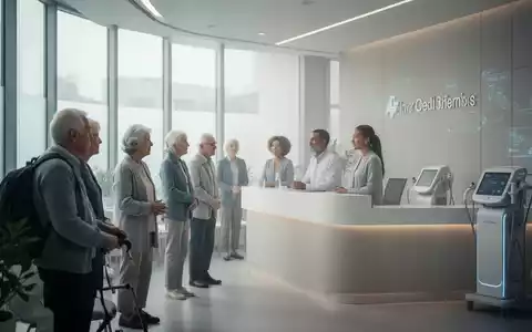 Eine moderne, helle Klinikrezeption mit Patienten unterschiedlichen Alters und dezenten Hinweisen auf medizinische Technologie. - Foto: über boerse-global.de