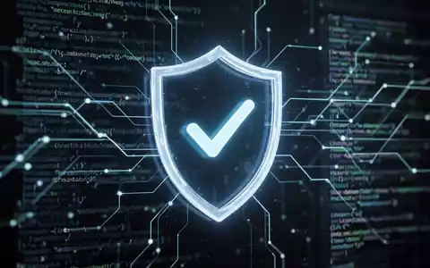 Ein stilisiertes, leuchtendes Schild-Symbol mit einem Häkchen über einem unscharfen Hintergrund aus digitalen Linien und Code. - Foto: über boerse-global.de