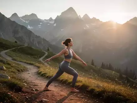 Eine Person macht Yoga auf einem Wanderweg in einer sonnigen Berglandschaft, die Ruhe und Gesundheit ausstrahlt. - Foto: ĂŒber boerse-global.de