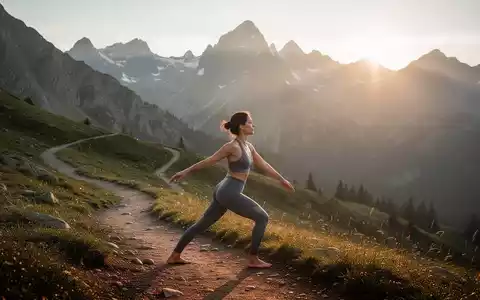 Eine Person macht Yoga auf einem Wanderweg in einer sonnigen Berglandschaft, die Ruhe und Gesundheit ausstrahlt. - Foto: über boerse-global.de