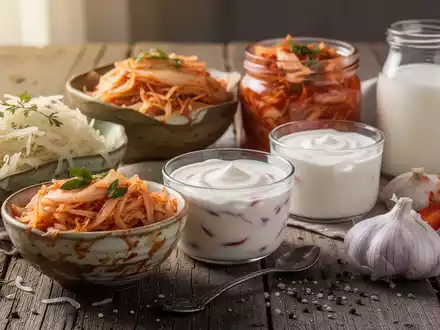 Nahaufnahme von verschiedenen fermentierten Lebensmitteln wie Sauerkraut, Joghurt und Kefir auf einem Holztisch, beleuchtet. - Foto: ĂŒber boerse-global.de
