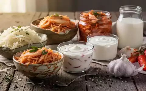 Nahaufnahme von verschiedenen fermentierten Lebensmitteln wie Sauerkraut, Joghurt und Kefir auf einem Holztisch, beleuchtet. - Foto: über boerse-global.de