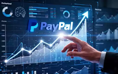 Stilisiertes PayPal-Logo in digitalem Finanz-Dashboard mit Aufwärtstrend-Grafiken und KI-Datenvisualisierungen. - Foto: über boerse-global.de