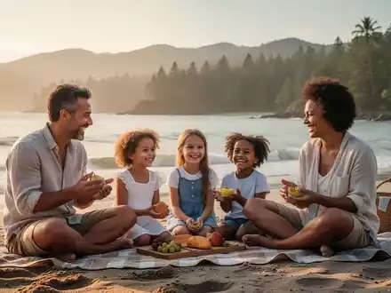 Eine Familie entspannt sich am Strand bei Sonnenuntergang und symbolisiert Work-Life-Balance und Sommererholung. - Foto: über boerse-global.de
