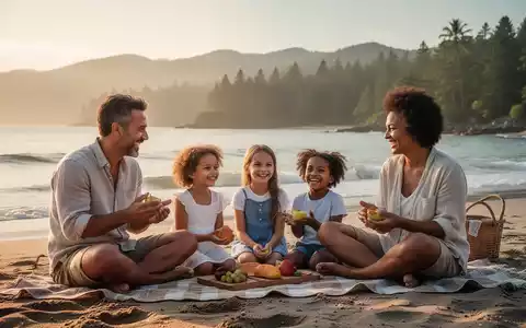 Eine Familie entspannt sich am Strand bei Sonnenuntergang und symbolisiert Work-Life-Balance und Sommererholung. - Foto: über boerse-global.de
