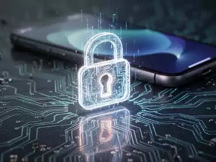 Digitales Schloss-Symbol auf einer Platine mit iPhone-Bildschirm im Hintergrund, symbolisiert mobile Sicherheit und KI in der Technik. - Foto: über boerse-global.de