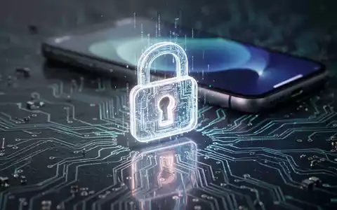 Digitales Schloss-Symbol auf einer Platine mit iPhone-Bildschirm im Hintergrund, symbolisiert mobile Sicherheit und KI in der Technik. - Foto: über boerse-global.de