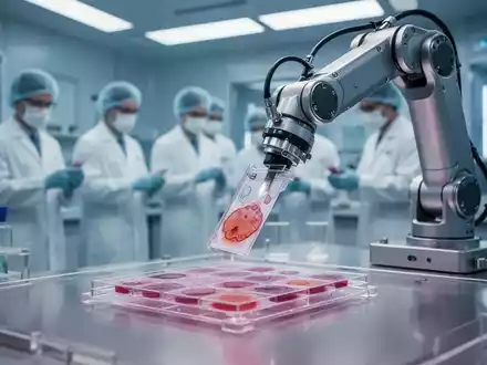 Roboterarm bearbeitet präzise Pathologie-Objektträger in einem Hightech-Kliniklabor, Symbol für KI-Automatisierung in der Diagnostik. - Foto: über boerse-global.de