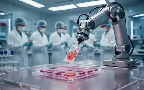Roboterarm bearbeitet präzise Pathologie-Objektträger in einem Hightech-Kliniklabor, Symbol für KI-Automatisierung in der Diagnostik. - Foto: über boerse-global.de