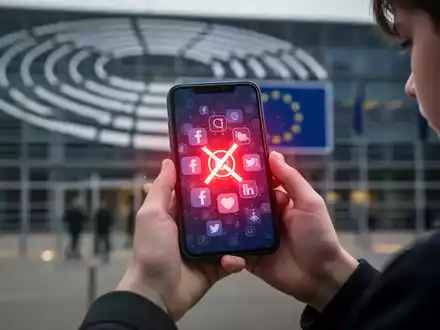 Hände eines Jugendlichen halten ein Smartphone mit Social-Media-Symbolen und einer roten, restriktiven Überlagerung vor verschwommenem EU-Gebäude. - Foto: über boerse-global.de