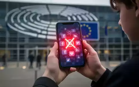 Hände eines Jugendlichen halten ein Smartphone mit Social-Media-Symbolen und einer roten, restriktiven Überlagerung vor verschwommenem EU-Gebäude. - Foto: über boerse-global.de
