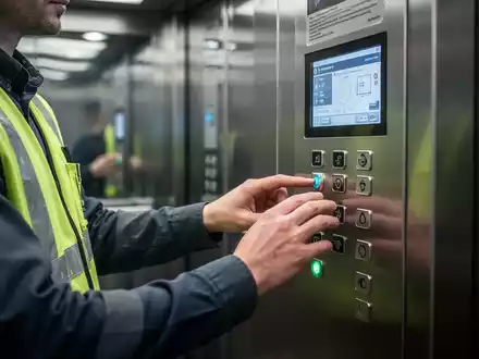 Ein Techniker in einer Sicherheitsweste inspiziert das Bedienfeld eines modernen Aufzugs in einem Geschäftsgebäude. - Foto: über boerse-global.de