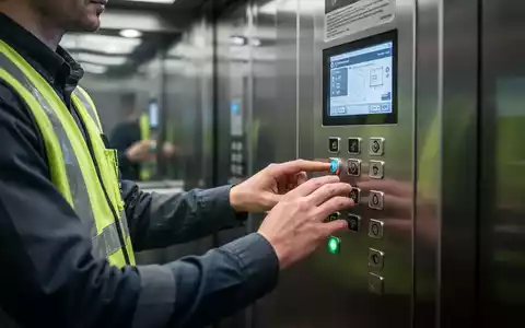 Ein Techniker in einer Sicherheitsweste inspiziert das Bedienfeld eines modernen Aufzugs in einem Geschäftsgebäude. - Foto: über boerse-global.de