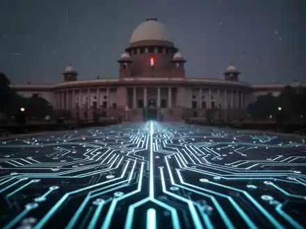 Leuchtende digitale Leiterplatte mit verschwommenem indischen Parlamentsgebäude im Hintergrund, Symbol für digitale Plattformaufsicht. - Foto: über boerse-global.de