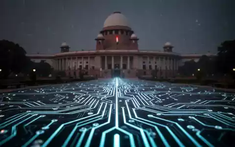 Leuchtende digitale Leiterplatte mit verschwommenem indischen Parlamentsgebäude im Hintergrund, Symbol für digitale Plattformaufsicht. - Foto: über boerse-global.de