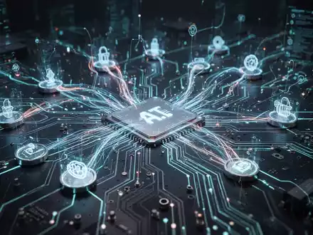 Leuchtende, komplexe Leiterplatte mit Datenströmen, symbolisiert KI-Wettbewerb und Kosteneffizienz. - Foto: über boerse-global.de