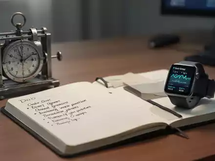 Ein Schreibtisch mit einem mechanischen Timer, einem Notizbuch mit To-Do-Liste und einer Smartwatch, die Zeitmanagement und Produktivität symbolisieren. - Foto: über boerse-global.de