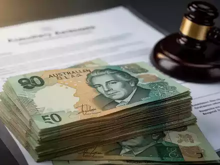 Ein Stapel australischer Dollar-Banknoten, unscharfe Rechtsdokumente und ein kleiner Holzhammer im Hintergrund, die finanzielle Strafen und Compliance symbolisieren. - Foto: über boerse-global.de
