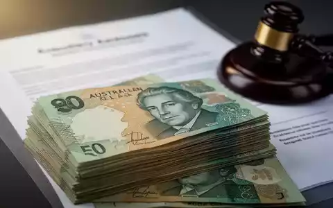 Ein Stapel australischer Dollar-Banknoten, unscharfe Rechtsdokumente und ein kleiner Holzhammer im Hintergrund, die finanzielle Strafen und Compliance symbolisieren. - Foto: über boerse-global.de