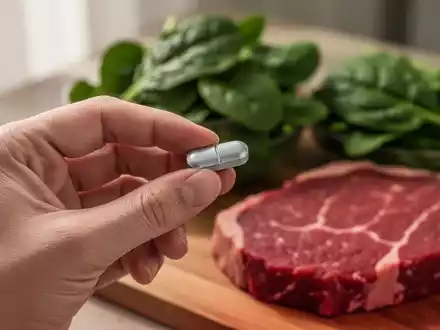 Eine Hand hält eine Eisenpille, im unscharfen Hintergrund sind gesunde Lebensmittel wie Spinat und rotes Fleisch zu sehen. - Foto: über boerse-global.de