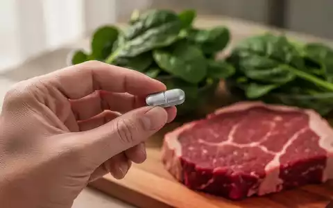Eine Hand hält eine Eisenpille, im unscharfen Hintergrund sind gesunde Lebensmittel wie Spinat und rotes Fleisch zu sehen. - Foto: über boerse-global.de