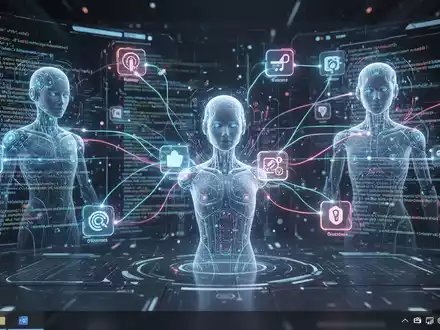 Futuristische Desktop-Oberfläche mit leuchtenden Linien, die App-Symbole und holografische KI-Agenten verbinden. - Foto: über boerse-global.de