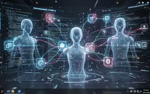 Futuristische Desktop-Oberfläche mit leuchtenden Linien, die App-Symbole und holografische KI-Agenten verbinden. - Foto: über boerse-global.de