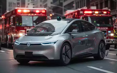 Ein autonomes Robotaxi auf einer Stadtstraße, das teilweise ein Einsatzfahrzeug mit Blaulicht im Hintergrund blockiert. - Foto: über boerse-global.de