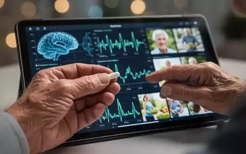 Eine Ă€ltere Hand hĂ€lt eine Pille, wĂ€hrend die andere einen Tablet-Bildschirm mit Gehirndaten und gesunden Lebensstilen berĂŒhrt. - Foto: ĂŒber boerse-global.de