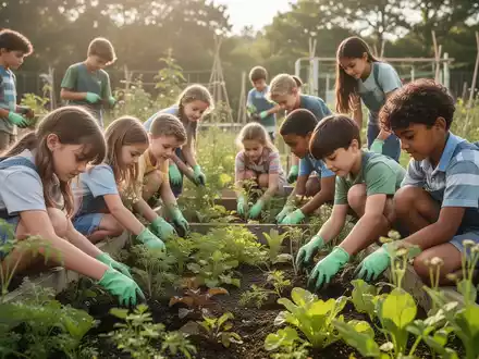 Kinder und Jugendliche pflegen einen Schulgarten, der die Bildung für nachhaltige Entwicklung (BNE) symbolisiert. - Foto: über boerse-global.de