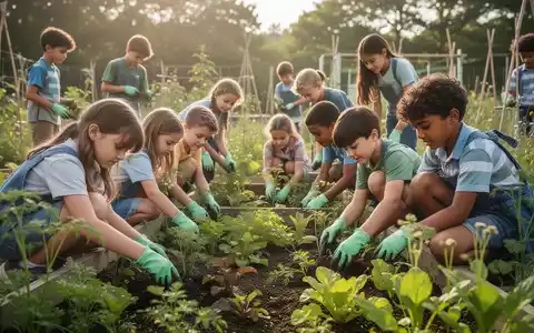 Kinder und Jugendliche pflegen einen Schulgarten, der die Bildung für nachhaltige Entwicklung (BNE) symbolisiert. - Foto: über boerse-global.de