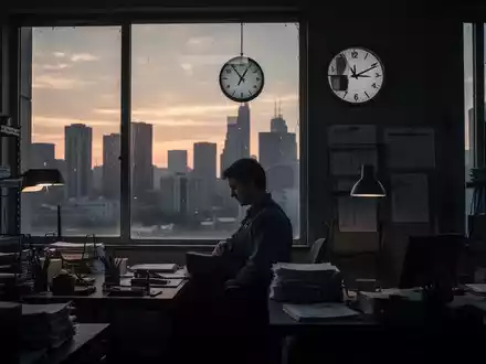 Eine Silhouette eines einsamen Arbeiters in einem schwach beleuchteten Büro mit einer Uhr an der Wand, die späte Stunden anzeigt. - Foto: über boerse-global.de