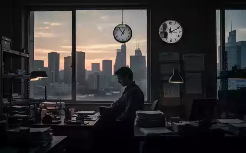 Eine Silhouette eines einsamen Arbeiters in einem schwach beleuchteten Büro mit einer Uhr an der Wand, die späte Stunden anzeigt. - Foto: über boerse-global.de