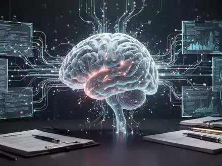 KI-Gehirn-Grafik mit Datenlinien zu Dokument- und Schreibwerkzeug-Symbolen, symbolisiert Stilklonen und Vorlagenerstellung. - Foto: über boerse-global.de