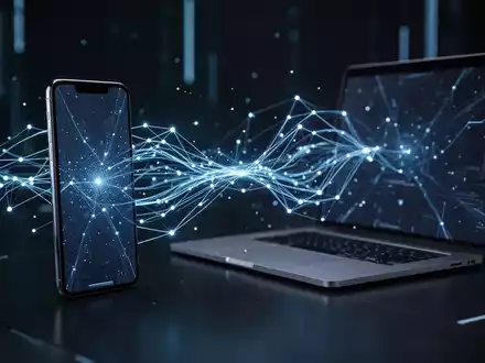Ein leuchtend blaues Netzwerk verbindet Smartphone und Laptop, symbolisiert Datensynchronisation und tiefe Geräteintegration. - Foto: über boerse-global.de