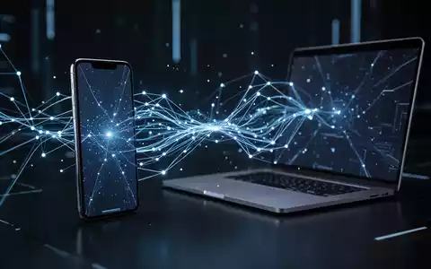 Ein leuchtend blaues Netzwerk verbindet Smartphone und Laptop, symbolisiert Datensynchronisation und tiefe Geräteintegration. - Foto: über boerse-global.de