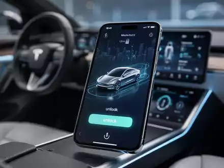 Ein Smartphone-Bildschirm zeigt eine digitale Autoschlüssel-Oberfläche mit Auto-Symbol und Entsperr-Button vor unscharfem Elektroauto-Innenraum. - Foto: über boerse-global.de