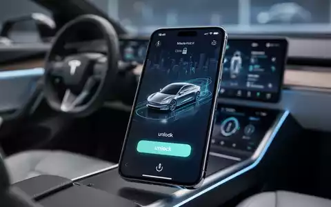 Ein Smartphone-Bildschirm zeigt eine digitale Autoschlüssel-Oberfläche mit Auto-Symbol und Entsperr-Button vor unscharfem Elektroauto-Innenraum. - Foto: über boerse-global.de