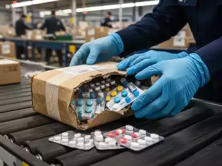Hände eines Zollbeamten in blauen Handschuhen, die ein verdächtiges Paket mit Medikamenten darin auf einem Förderband inspizieren. - Foto: über boerse-global.de
