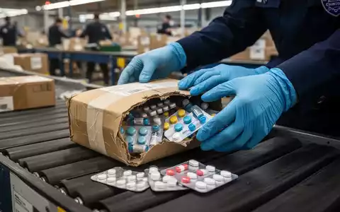 Hände eines Zollbeamten in blauen Handschuhen, die ein verdächtiges Paket mit Medikamenten darin auf einem Förderband inspizieren. - Foto: über boerse-global.de