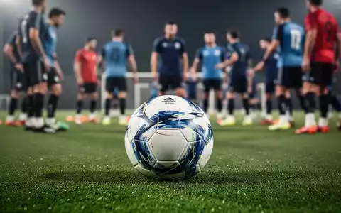 Ein Fußball liegt auf einem grünen Rasen, im Hintergrund verschwommene Fußballspieler beim Training. - Foto: über boerse-global.de